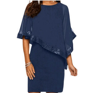 Xscape Overlay Sheath Dress 6 Women Caplet Navy‎ Blue Sequin Stretch Sheer Cape